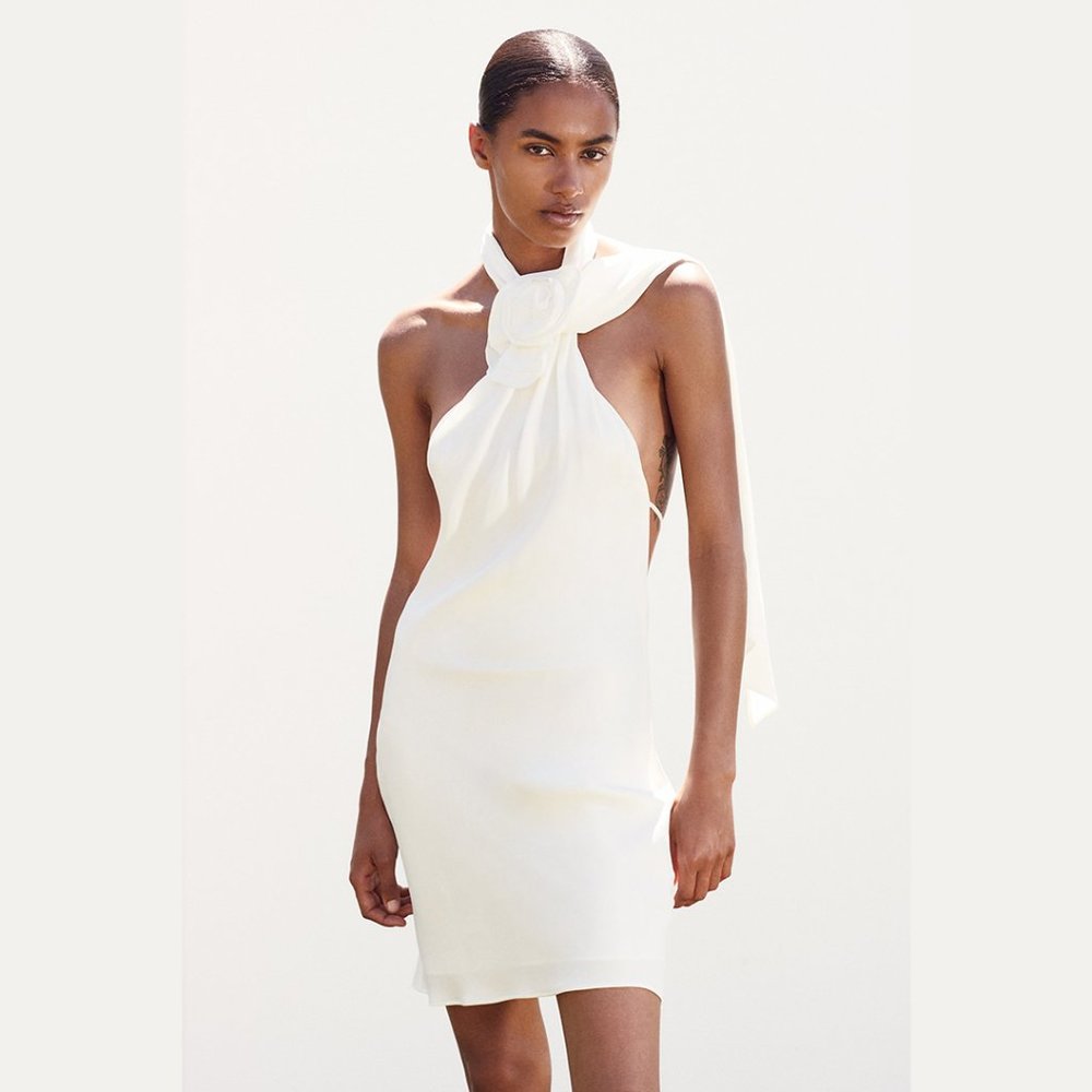 (NWT) Zara - off white mini halter dress w/ floral detail (medium)
